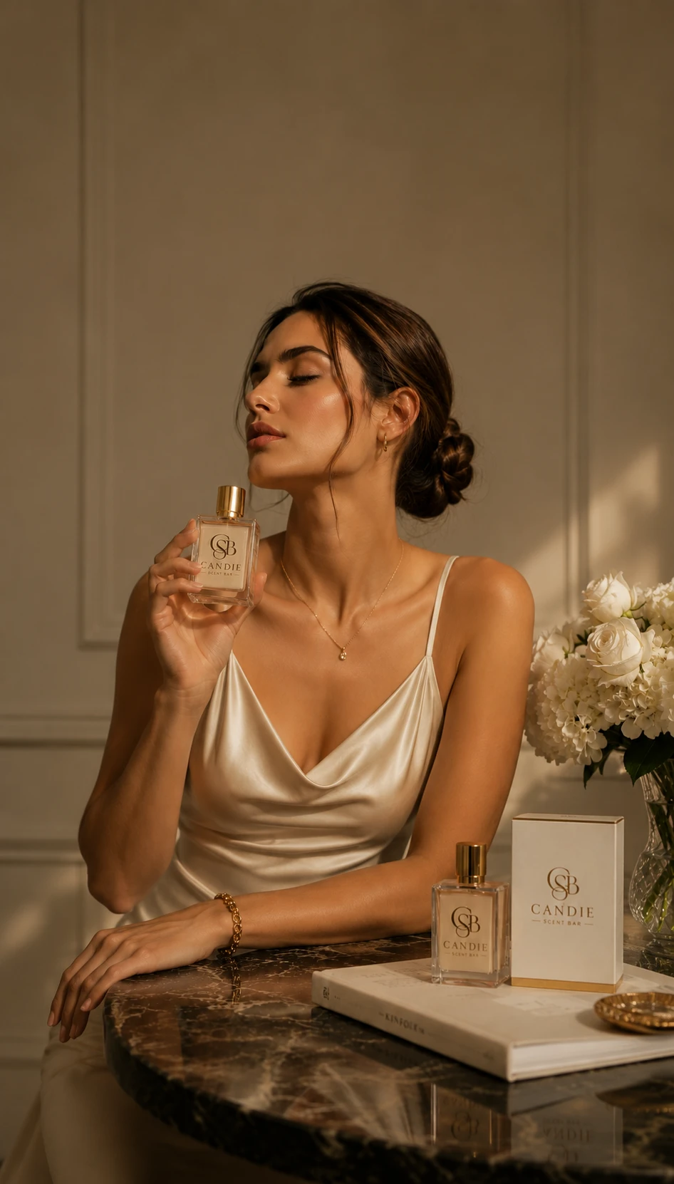 Candie Scent Bar signature fragrance, held by a model beside white roses and hydrangeas